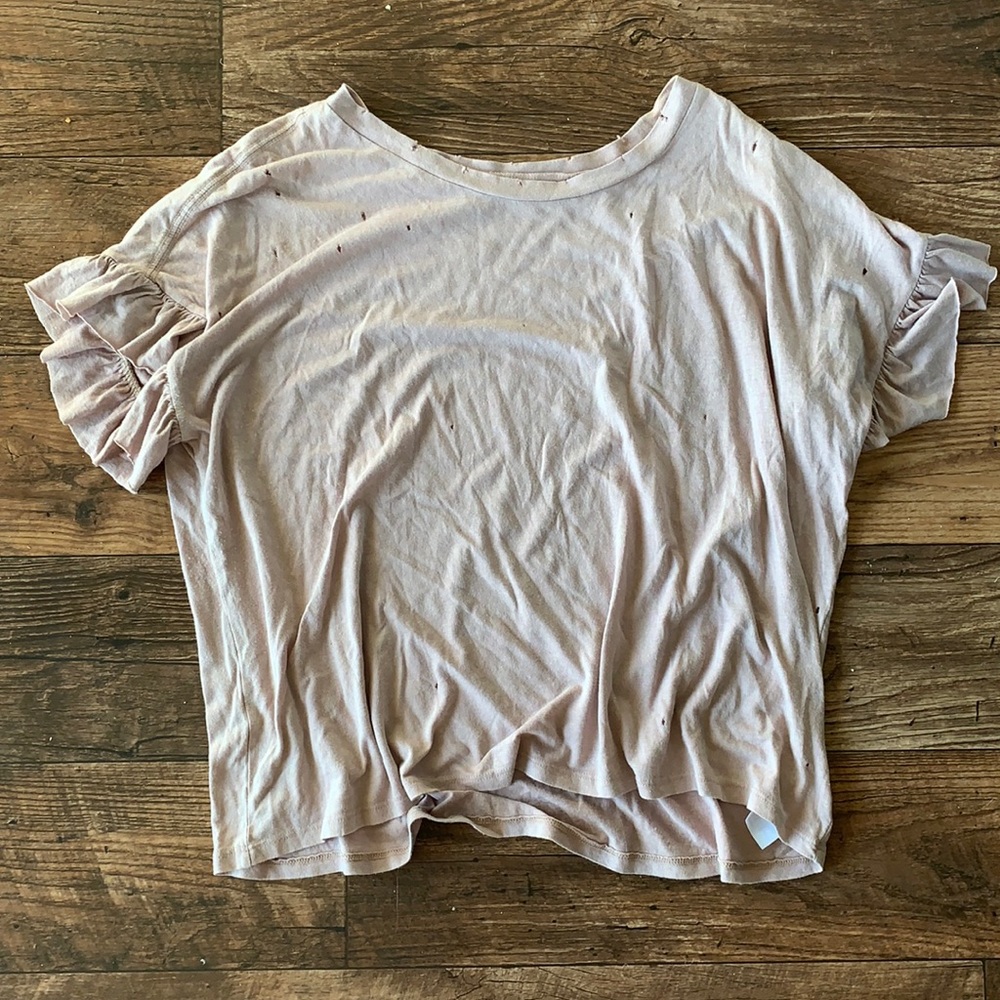 Light Pink Distressed Ruffle Sleeve Tee